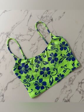 Vintage 90s Sunset Beach Hibiscus Crop Top - Neon Lime/Cobalt Blue - Size Medium